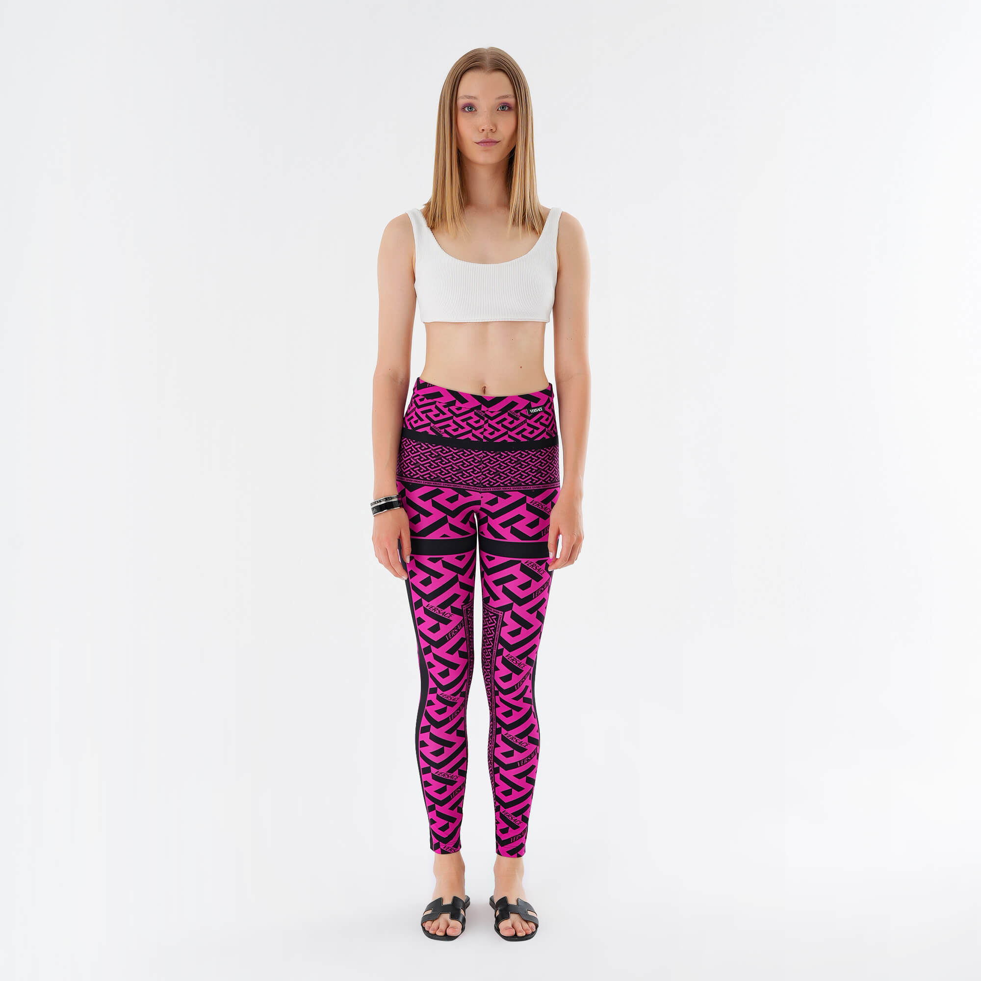 Versace - Fuschia & Black Logo-print stretch-jacquard leggings IT 42